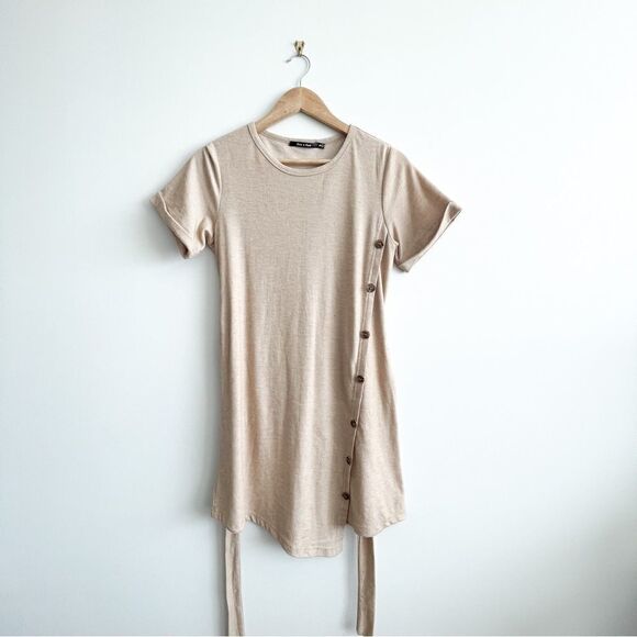 Doe and Rae Dress T-Shirt Knit Beige Belted Button Detail Women's S Stretchy - Picture 2 of 9